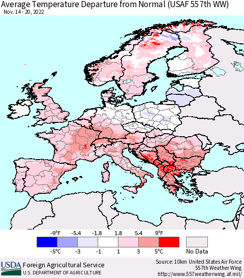 Europe Average Temperature Departure from Normal (USAF 557th WW) Thematic Map For 11/14/2022 - 11/20/2022
