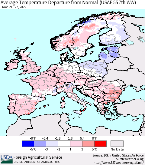 Europe Average Temperature Departure from Normal (USAF 557th WW) Thematic Map For 11/21/2022 - 11/27/2022