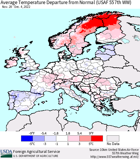 Europe Average Temperature Departure from Normal (USAF 557th WW) Thematic Map For 11/28/2022 - 12/4/2022