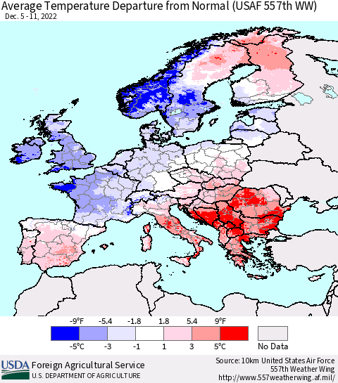 Europe Average Temperature Departure from Normal (USAF 557th WW) Thematic Map For 12/5/2022 - 12/11/2022
