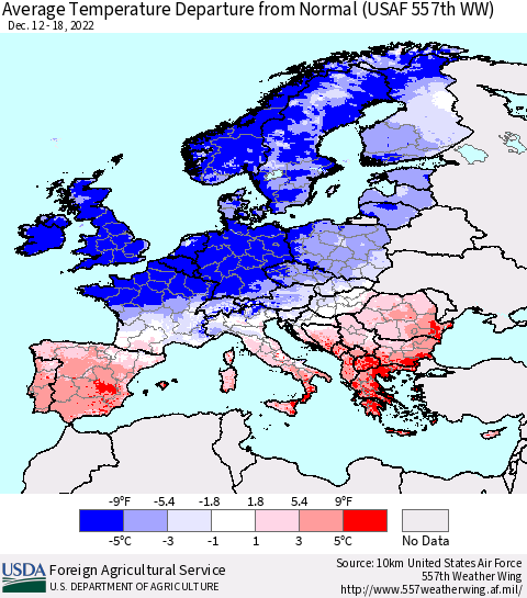 Europe Average Temperature Departure from Normal (USAF 557th WW) Thematic Map For 12/12/2022 - 12/18/2022