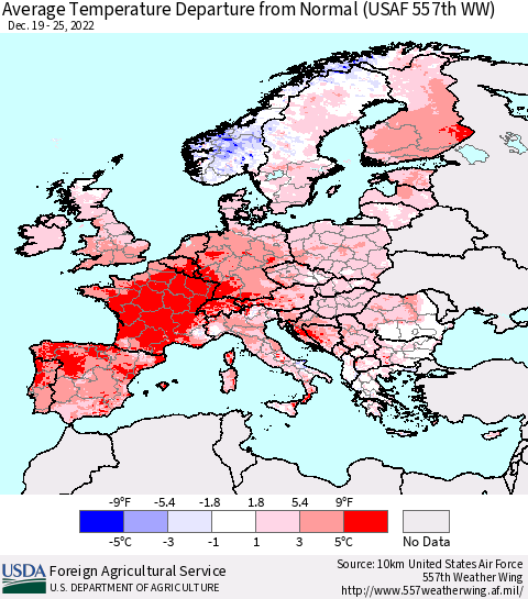 Europe Average Temperature Departure from Normal (USAF 557th WW) Thematic Map For 12/19/2022 - 12/25/2022