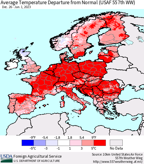 Europe Average Temperature Departure from Normal (USAF 557th WW) Thematic Map For 12/26/2022 - 1/1/2023
