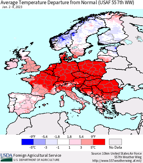 Europe Average Temperature Departure from Normal (USAF 557th WW) Thematic Map For 1/2/2023 - 1/8/2023