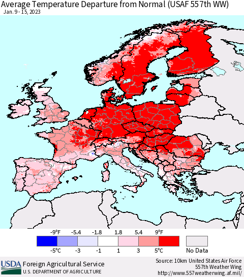 Europe Average Temperature Departure from Normal (USAF 557th WW) Thematic Map For 1/9/2023 - 1/15/2023