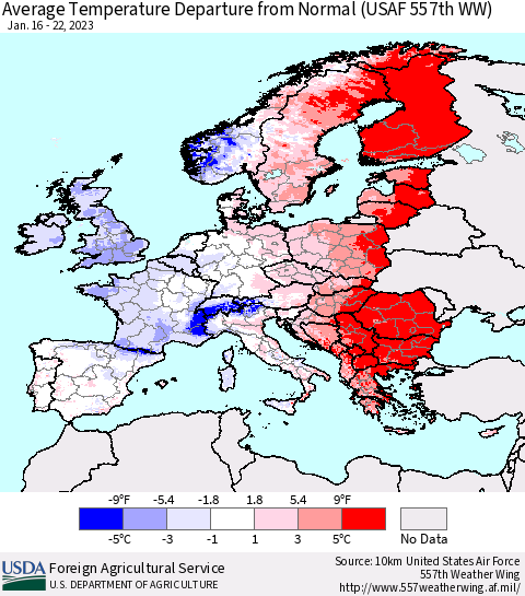 Europe Average Temperature Departure from Normal (USAF 557th WW) Thematic Map For 1/16/2023 - 1/22/2023