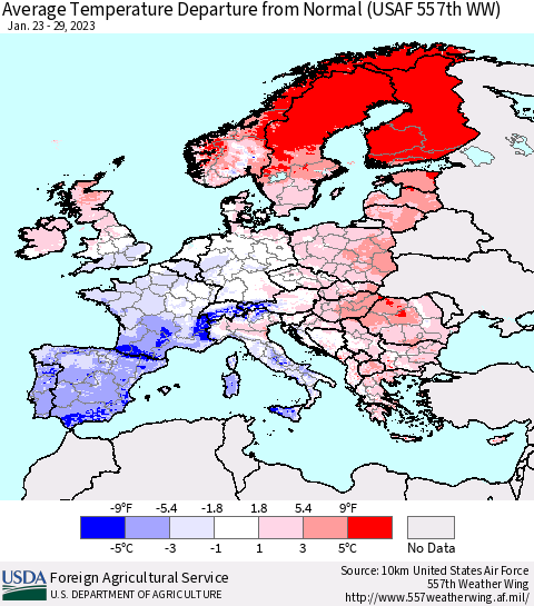 Europe Average Temperature Departure from Normal (USAF 557th WW) Thematic Map For 1/23/2023 - 1/29/2023