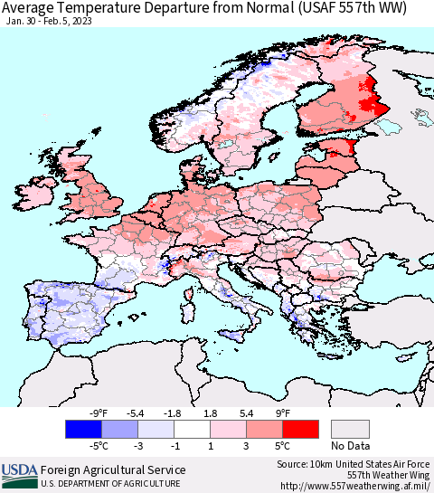 Europe Average Temperature Departure from Normal (USAF 557th WW) Thematic Map For 1/30/2023 - 2/5/2023