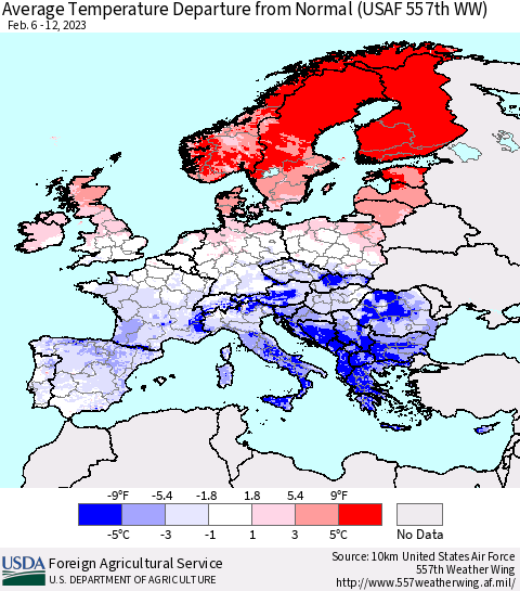 Europe Average Temperature Departure from Normal (USAF 557th WW) Thematic Map For 2/6/2023 - 2/12/2023