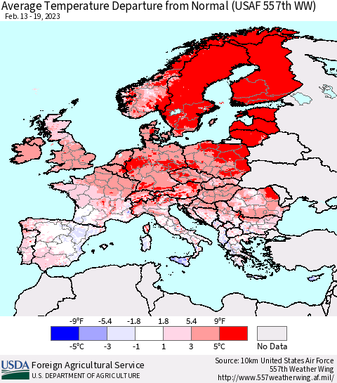 Europe Average Temperature Departure from Normal (USAF 557th WW) Thematic Map For 2/13/2023 - 2/19/2023