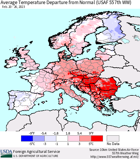 Europe Average Temperature Departure from Normal (USAF 557th WW) Thematic Map For 2/20/2023 - 2/26/2023