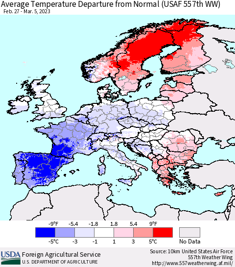 Europe Average Temperature Departure from Normal (USAF 557th WW) Thematic Map For 2/27/2023 - 3/5/2023