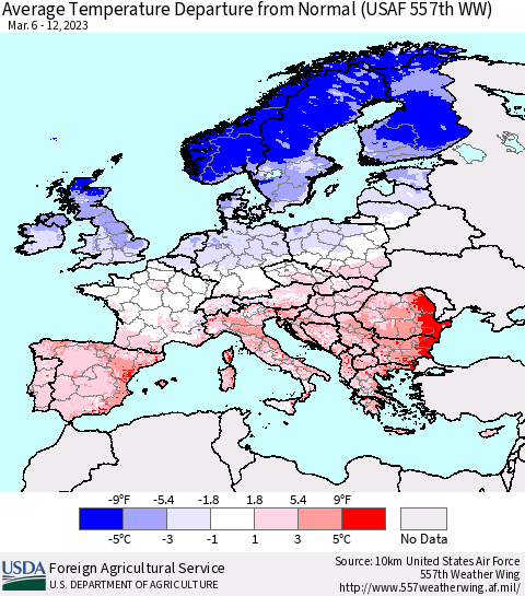 Europe Average Temperature Departure from Normal (USAF 557th WW) Thematic Map For 3/6/2023 - 3/12/2023