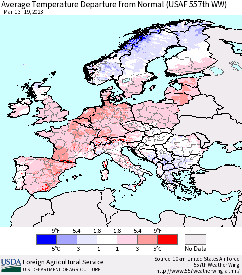 Europe Average Temperature Departure from Normal (USAF 557th WW) Thematic Map For 3/13/2023 - 3/19/2023