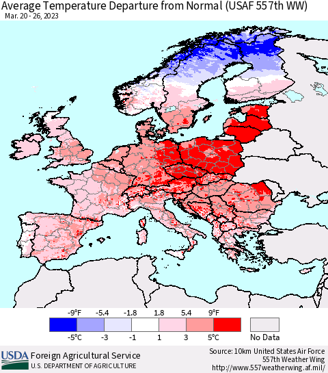 Europe Average Temperature Departure from Normal (USAF 557th WW) Thematic Map For 3/20/2023 - 3/26/2023