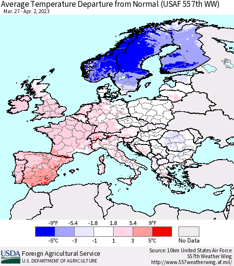 Europe Average Temperature Departure from Normal (USAF 557th WW) Thematic Map For 3/27/2023 - 4/2/2023