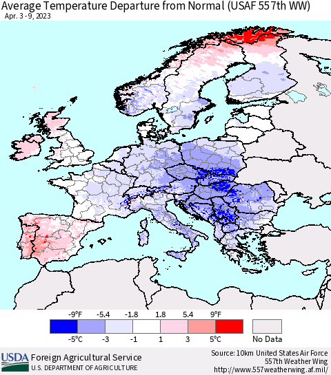 Europe Average Temperature Departure from Normal (USAF 557th WW) Thematic Map For 4/3/2023 - 4/9/2023