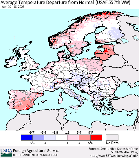 Europe Average Temperature Departure from Normal (USAF 557th WW) Thematic Map For 4/10/2023 - 4/16/2023