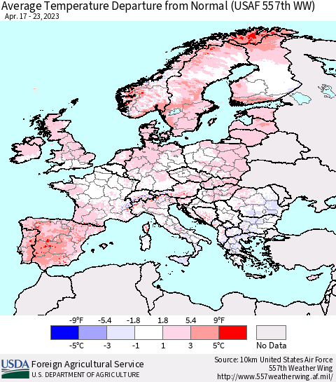 Europe Average Temperature Departure from Normal (USAF 557th WW) Thematic Map For 4/17/2023 - 4/23/2023