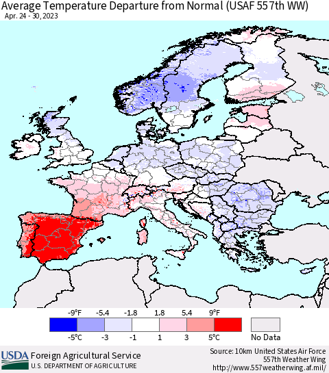 Europe Average Temperature Departure from Normal (USAF 557th WW) Thematic Map For 4/24/2023 - 4/30/2023