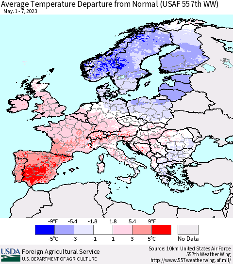 Europe Average Temperature Departure from Normal (USAF 557th WW) Thematic Map For 5/1/2023 - 5/7/2023