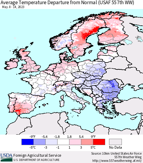 Europe Average Temperature Departure from Normal (USAF 557th WW) Thematic Map For 5/8/2023 - 5/14/2023