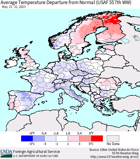 Europe Average Temperature Departure from Normal (USAF 557th WW) Thematic Map For 5/15/2023 - 5/21/2023