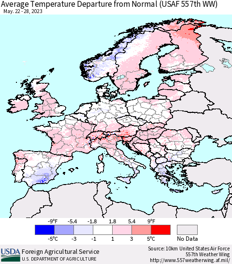 Europe Average Temperature Departure from Normal (USAF 557th WW) Thematic Map For 5/22/2023 - 5/28/2023