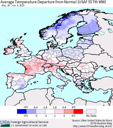 Europe Average Temperature Departure from Normal (USAF 557th WW) Thematic Map For 5/29/2023 - 6/4/2023