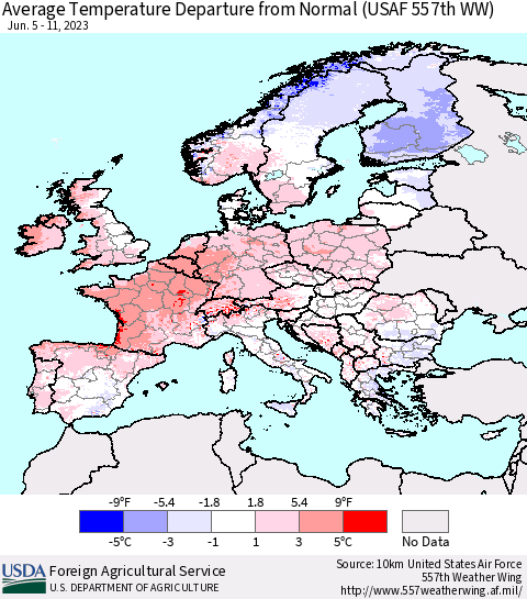 Europe Average Temperature Departure from Normal (USAF 557th WW) Thematic Map For 6/5/2023 - 6/11/2023