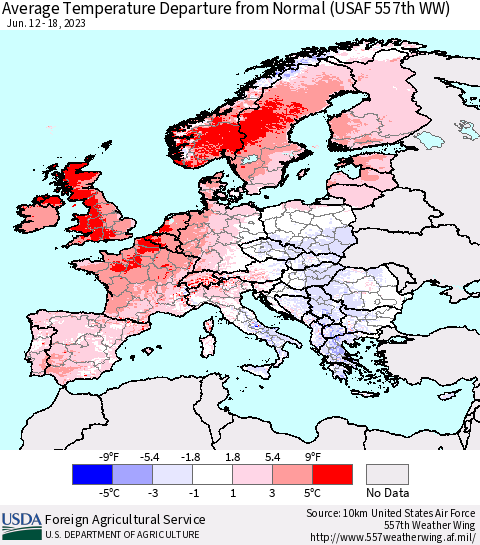 Europe Average Temperature Departure from Normal (USAF 557th WW) Thematic Map For 6/12/2023 - 6/18/2023