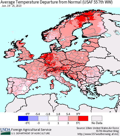 Europe Average Temperature Departure from Normal (USAF 557th WW) Thematic Map For 6/19/2023 - 6/25/2023