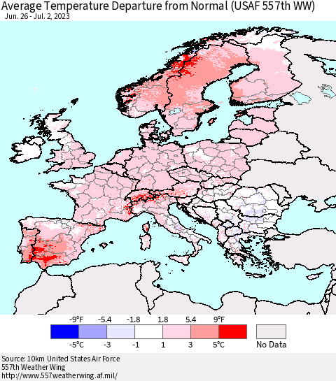 Europe Average Temperature Departure from Normal (USAF 557th WW) Thematic Map For 6/26/2023 - 7/2/2023