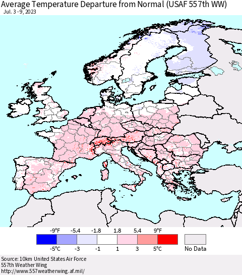 Europe Average Temperature Departure from Normal (USAF 557th WW) Thematic Map For 7/3/2023 - 7/9/2023