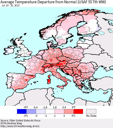 Europe Average Temperature Departure from Normal (USAF 557th WW) Thematic Map For 7/10/2023 - 7/16/2023