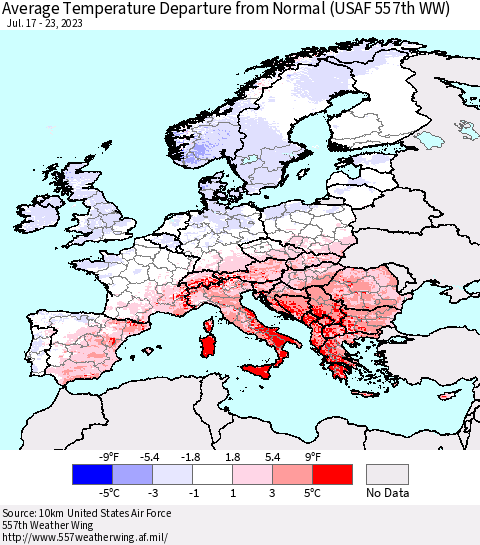 Europe Average Temperature Departure from Normal (USAF 557th WW) Thematic Map For 7/17/2023 - 7/23/2023