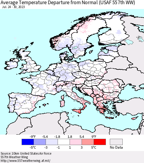 Europe Average Temperature Departure from Normal (USAF 557th WW) Thematic Map For 7/24/2023 - 7/30/2023