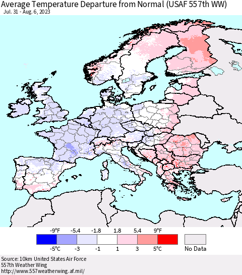 Europe Average Temperature Departure from Normal (USAF 557th WW) Thematic Map For 7/31/2023 - 8/6/2023
