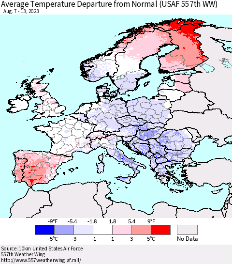 Europe Average Temperature Departure from Normal (USAF 557th WW) Thematic Map For 8/7/2023 - 8/13/2023