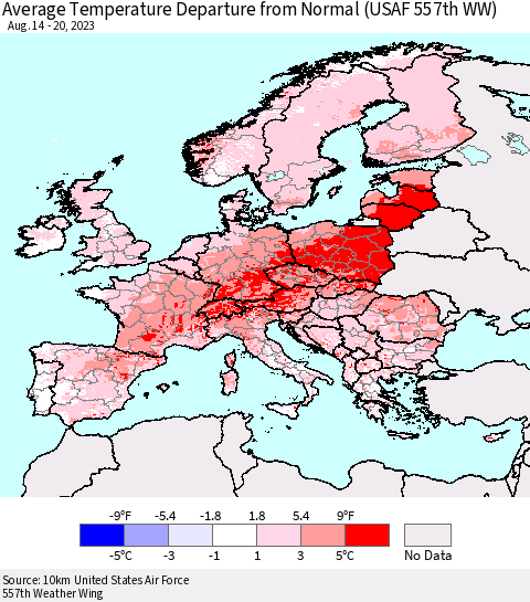 Europe Average Temperature Departure from Normal (USAF 557th WW) Thematic Map For 8/14/2023 - 8/20/2023