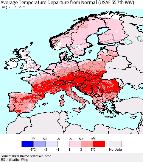 Europe Average Temperature Departure from Normal (USAF 557th WW) Thematic Map For 8/21/2023 - 8/27/2023