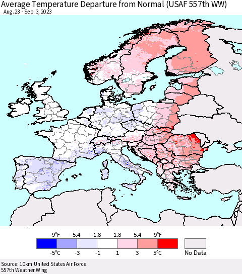 Europe Average Temperature Departure from Normal (USAF 557th WW) Thematic Map For 8/28/2023 - 9/3/2023