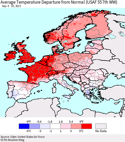 Europe Average Temperature Departure from Normal (USAF 557th WW) Thematic Map For 9/4/2023 - 9/10/2023