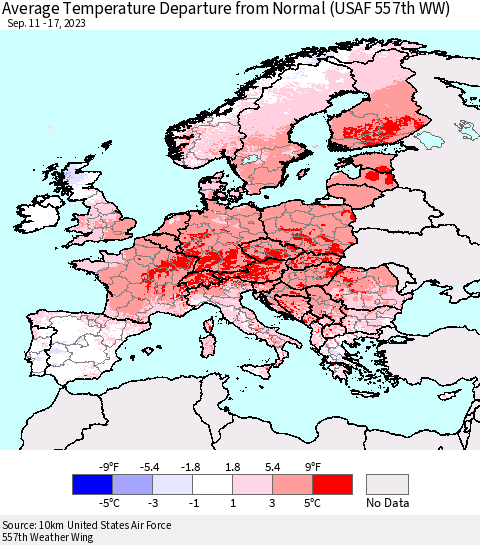 Europe Average Temperature Departure from Normal (USAF 557th WW) Thematic Map For 9/11/2023 - 9/17/2023