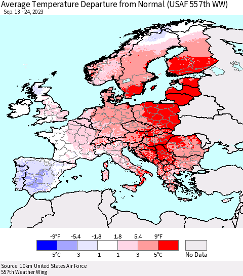 Europe Average Temperature Departure from Normal (USAF 557th WW) Thematic Map For 9/18/2023 - 9/24/2023