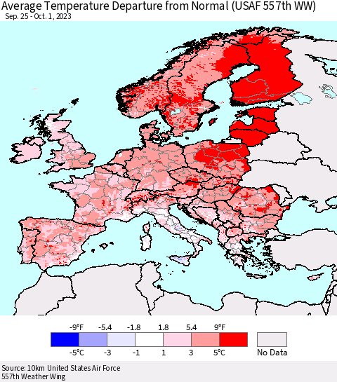 Europe Average Temperature Departure from Normal (USAF 557th WW) Thematic Map For 9/25/2023 - 10/1/2023