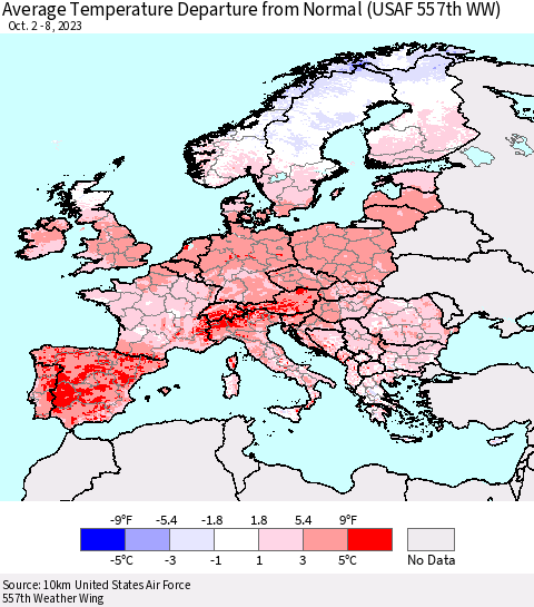 Europe Average Temperature Departure from Normal (USAF 557th WW) Thematic Map For 10/2/2023 - 10/8/2023