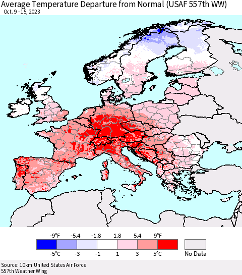 Europe Average Temperature Departure from Normal (USAF 557th WW) Thematic Map For 10/9/2023 - 10/15/2023
