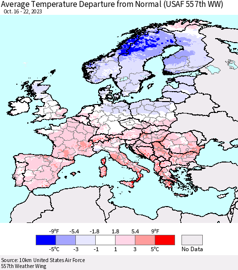 Europe Average Temperature Departure from Normal (USAF 557th WW) Thematic Map For 10/16/2023 - 10/22/2023