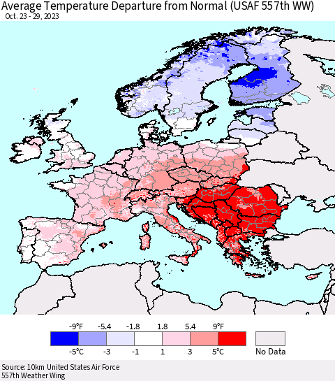 Europe Average Temperature Departure from Normal (USAF 557th WW) Thematic Map For 10/23/2023 - 10/29/2023